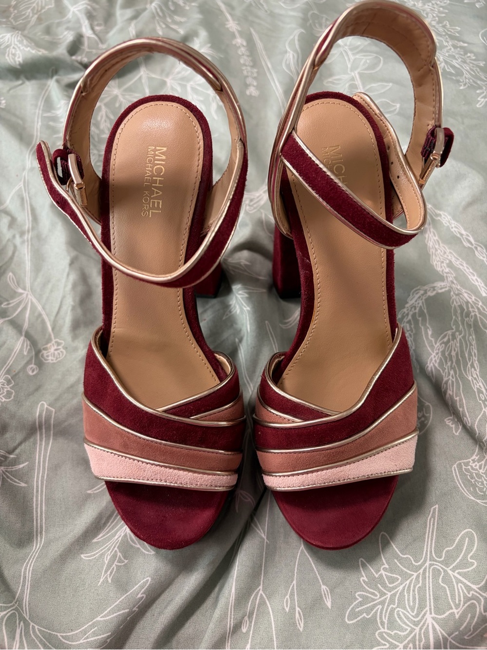 Michael Kors Wine Suede Block Heel Sandals with Pink and Rose Accents